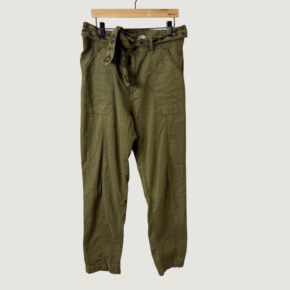 Anthropologie Utility Pants Olive Green Embroidered Belted Size 28 Boho Relaxed